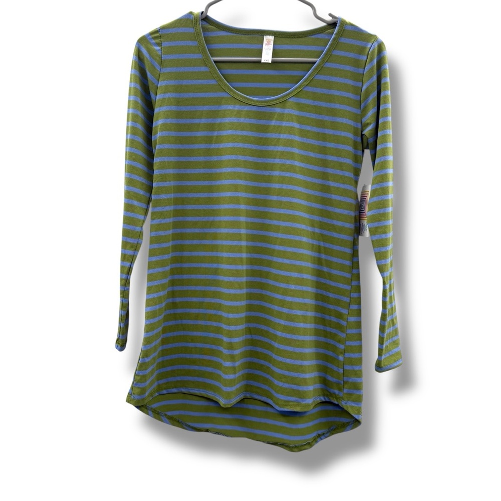LuLaRoe NWT Lynnae Long Sleeve Tunic Top Women’s Size XXS Green‎ Blue Stripe